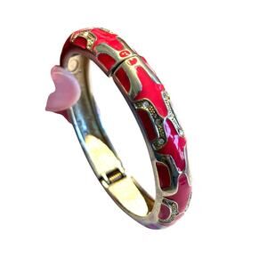 Clamper bracelet goldtone & pink with white rhinestone details hinged bangle